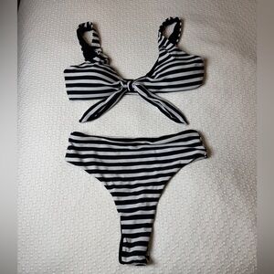 Black and White Striped Thong Bikini Set Medium Padded